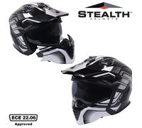 Motorcycle Crash Helmet Stealth Fighter ECE 22.06 Approved Multi Function Full Face & Open Face Helmet Removable Peak - Orbit Black / Silver Gloss (Large)
