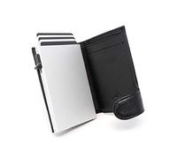 Stealth Wallet - Smart Minimalist Card Holders - RFID/NFC Blocking Pop Up Wallets with Gift Box - Credit Cards Holder & Contactless Protection (Silver Aluminium with Black Leather and Coin Pocket)