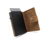 Stealth Wallet - Smart Minimalist Cards Holder - RFID Blocking Pop Up Wallets for Men - Credit Card Holders with Contactless Protection (Black with Brown Crazy Horse Leather and Coin Pocket)