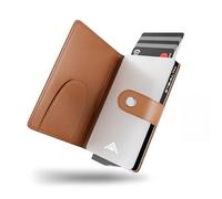 Stealth Wallet - Tan Pop Up RFID Credit Card Wallet with Money Clip for Men | Silver Aluminium & Tan Faux Leather | Money-Clip | Slim Minimalist Pop-up Metal Card Holder | RFID Blocking Security