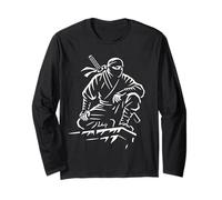 Stealth Warrior Ninja Crouch Line Art Katana Graphic Icon Long Sleeve T-Shirt