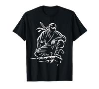 Stealth Warrior Ninja Crouch Line Art Katana Graphic Icon T-Shirt