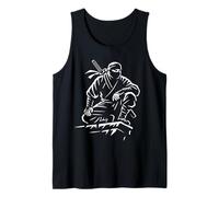Stealth Warrior Ninja Crouch Line Art Katana Graphic Icon Tank Top
