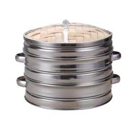 Steam cooker bamboo, Steamer Set - Stainless Steel 2 Level Basket with Lid, With Handmade Bamboo Steamer- Household & Commercial Use