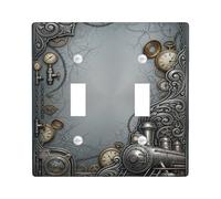 Steam Engine Double Light Switch Cover Plate, Steampunk Industrial Gears Clock None Bronze Plastic Standard Size Decorative Wall Plates for New Apartment Home Bedroom Office Decor