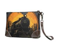 Steam Engine Leather Clutch Bag for Women, Vintage Train Wristlet Purse with Detachable Strap Evening Handbag, Ladies Long Wallet for Wedding Party Travel Business
