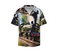 Steam Little Train Men's Casual Shirts Short Sleeve Regular Fit Fashion Camp Beach Shirts Tops, Black, XL