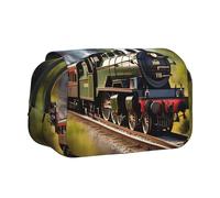 Steam Little Train Print Double Clamshell Pen Case, Zipper Pockets, Large Capacity For Art Supplies & Travel
