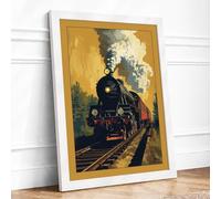 Steam Locomotive in Motion Retro Framed Wall Art Print A1 (84.1×59.4cm) White, Wall Decor for Living Room, Bedroom, Office & Home, Ready to Hang, Art Gift