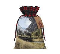 Steam Locomotive Train Christmas Drawstring Linen Gift Bag Paired With Scottish Plaid Fabric, With A Delicate And Simple Texture