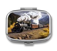 Steam Locomotive Train Pill Box 2-Compartment Portable Pill Case Square Metal Medication Organizer Small Weekly Medication Case with Mirror Stylish Vitamin Holder for Purse Pocket Travel