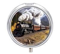 Steam Locomotive Train Pill Box 3 Compartment Travel Pill Organizer with Small Mirror Portable Pillcase for Pocket & Purse Cute Round Medicine Case Weekly Medicine Container
