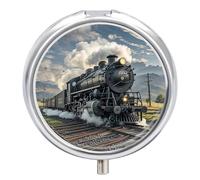 Steam Locomotive Train Pill Case with 3 Compartments - Portable Travel Pill Organizer for Purse, Easy-Open Button Design, Small Round Pillbox Vitamin Holder Organizer for Women Men