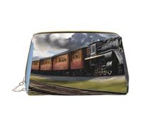 (Steam Locomotive Train) Print Pu Leather Makeup Bag with Zipper Pocket Compact Organizer for Travel/Purse