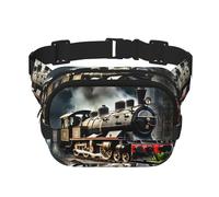 Steam Locomotive Train Print Square Double Layer functionality Waist Bag Unisex Crossbody Pack Travel Workout, Black, One Size