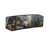 Steam Locomotive Train Printed Leather Pencil Case Cute Stationery Organizer Simple Makeup Bag Pen Pouch, Silver Zipper