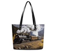 Steam Locomotive Train Tote Bag Large Soft Leather Purse with Zipper Lightweight Ladies Shoulder Handbag