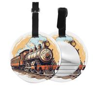 Steam Locomotive Transport Round Luggage Tag 4PCS Train PU Leather Travel Bag Tag ID Labels Name Card Holder wtih Buckle for Luggage Suitcase Backpacks