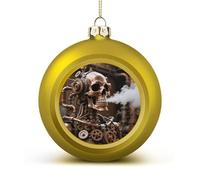 Steam - Punk Metal Skull Christmas Tree Ornaments 1.6 Inch Shatterproof Pc Plastic Balls with Lanyard Baubles Hanging Christmas Ball Ornaments for Xmas Tree Holiday Party Wedding Home Decorations-gold