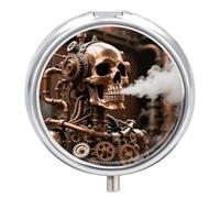 Steam - Punk Metal Skull Metal Pill Organizer, 3 Compartment Waterproof Pill Case with Mirror for Purse Pocket Bag, Daily Medicine Vitamin Holder, Portable Travel Med Container(Round)