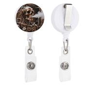 Steam - Punk Metal Skull Retractable Badge Reel - Personalized ID Name Badge Holder with Lanyard Cute Badges Reel Holder Round Nurse Doctor Name Tag Badges Clip for Work