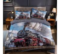 Steam red train Single Duvet Cover Set 135x200 cm Retro Style Microfibre Quilt Cover with 1 Pillowcases 50x75 cm, Printed Bedding Set for Kids Teens Bedroom Decor