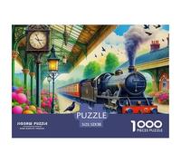 Steam Train 1000 Piece Classic Brainteasing Jigsaw Puzzle Recycled Train at Colorful Station Cardboard Decoration for Adults Challenging Educational Games Teacher's Day Gratitude Gifts for Adults 52x3