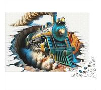 Steam Train 1000 Pieces Jigsaw Puzzle for Adults Blue Train Breaking through Paper Background Premium Thick Sturdy Vibrant Challenging Hard Stress Relief 38x26cm/1000pcs