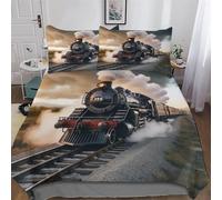 Steam Train 3D Printed Fleece Quilt Cover Cosy Super Soft Duvet Cover Brushed Microfiber Comforter Cover Bedding 2 PCs Set with Pillow Case for Kids, Youth And Adult Double (200x200cm)