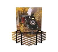 Steam Train 6-Pack Ceramic Coasters With Cork Backing Black Metal Holder,Stylish Printed Drink Coasters Set For Home, Office