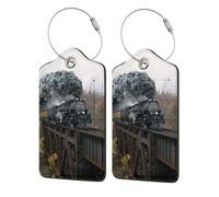 Steam Train and Railway,Luggage Tags Pu Leather Name Tag Travel Suitcase Identifier ID Tags Durable Luggage Label 2 pcs