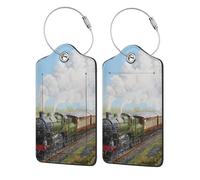 Steam Train and Railway,Luggage Tags Pu Leather Name Tag Travel Suitcase Identifier ID Tags Durable Luggage Label 2 pcs