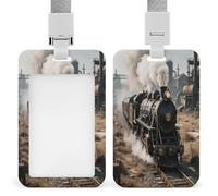 Steam Train Badge Holder with Lanyard Fashion ID Card Holder Exquisite Window Vertical Card Protector Case Plastic Badge Reel Holders for Nurse Teacher Worker Office