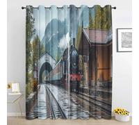 Steam Train Blackout Curtain, Misty Mountain Woodland Railway Track Transport Curtains for Bedroom, Living Room Eyelet Curtain Thermal Window Curtains & Drapes 66 x 54 Inch Drop 2 Panels