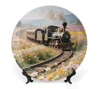 Steam Train Bone China Decorative Plate with Display Stand, 8inch Porcelain Wall Hanging Plate for Home Office Decor, Elegant Round Ceramic Plates for Home Decor & Gift Idea