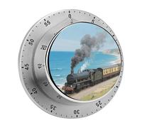 Steam Train by The Sea Mechanical Kitchen Timer 60 Minute Wind Up Countdown Clock with Magnetic Back Loud Alarm Stainless Steel Manual Timer for Cooking Baking Classroom Home Gym