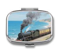 Steam Train by The Sea Pill Box 2 Compartments, Portable Medicine Pill Organizer, Pill Organizer for Pocket or Purse, Decorative Metal Medicine and Vitamins Organizer