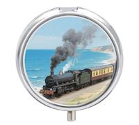 Steam Train by The Sea Pill Box Travel Pill Organizer 3-Compartment with Mirror Design Portable Round Medicine Case for Vitamins, Jewelry & Essentials Durable Pocket Pillcase for Purse, Camping