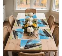 Steam Train by The Sea Placemats 30x45cm*6 Linen Heat Resistant Placemats Waterproof Table Place Mats Washable Wipeable Outdoor Placemat for Kitchen Dining Room Table Decorations