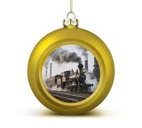 Steam Train Christmas Ball Ornaments - Golden Shatterproof Plastic Vintage Rustic Xmas Tree Decorations Pendant for Family Holiday Wedding Party Xmas Hanging Decoration