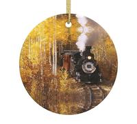 Steam Train Christmas Ceramic Ornament,Double-Sided Printed Round Bauble With Gold String For Xmas Tree Decor,Home,Shop,And Office Decoration