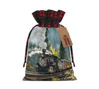 Steam Train Christmas Drawstring Linen Gift Bag Paired With Scottish Plaid Fabric, With A Delicate And Simple Texture