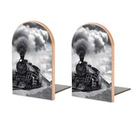 Steam Train Clouds Bookends 1 Pair Non-Skid Wood Bookends Heavy Duty Bookend Metal Adjustable Book Stopper Personalized Modern Book Ends for Home Office Reading Room