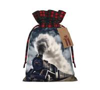 Steam Train Clouds Christmas Drawstring Linen Gift Bag Paired With Scottish Plaid Fabric, With A Delicate And Simple Texture