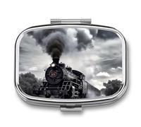 Steam Train Clouds Pill Box 2 Compartments Portable Travel Pill Case Mini Medicine Organizer for Pocket Purse Metal Waterproof Medicine Container Holder Vitamin Fish Oil