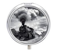 Steam Train Clouds Pill Box Cute Round Small Pill Organizer Portable with 3 Compartments Travel Metal Pill Case for Pocket Or Purse Privacy Protecting Medicine Box