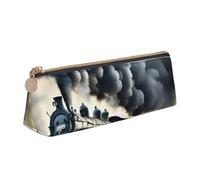 Steam Train Clouds Print Cosmetics Case Large Capacity Triangle Design Zippered Pen Holder for Writing Tools