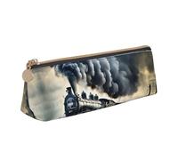 Steam Train Clouds Print Stylish High-Capacity Leather Pencil Case Zippered Triangle Pouch Pens Boys Girls