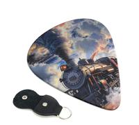 Steam Train Clouds Printed Guitar Picks, 6 Pack with Leather Keychain Pick Holder - 0.46mm, 0.71mm, 0.96mm Assorted Thickness for Acoustic Ukulele, Electric Guitar, Acoustic Guitar, Bass