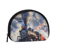 Steam Train Clouds Printed Mini Coin Pouch, Shell Shape Zip Around Wallet, Small Zipper Pouch for Cash, Cards, Keys, Lipstick, Storage Pouch, Travel Organizer